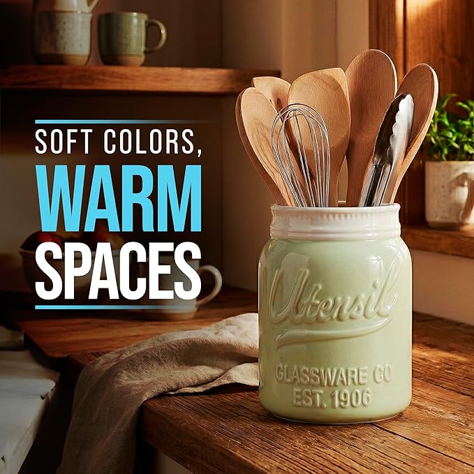 Comfify Wide Mouth Mason Jar Utensil Holder Decorative Kitchenware Organizer Crock, Dishwasher Safe - Kitchen Caddy Green, Large Size 7" Hight - Image 8