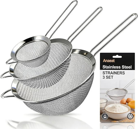 Anaeat Fine Mesh Strainers - Premium Stainless Steel Colander Sieve Sifters, with Durable Mesh and Sturdy Handle, Excellent for Sifting Dry ingredients, Flour, Pastas, Rice, Tea (2.8"+4.73"+7.09")