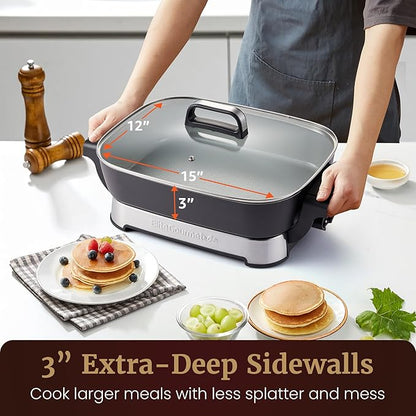 Elite Gourmet 15" x 12" x 3" Stow-Away Foldable Electric Skillet, Ceralast™ PFAS Free Ceramic, 1500W Rapid Heat, Dishwasher Safe Pan & Lid, Black/Grey - Image 6