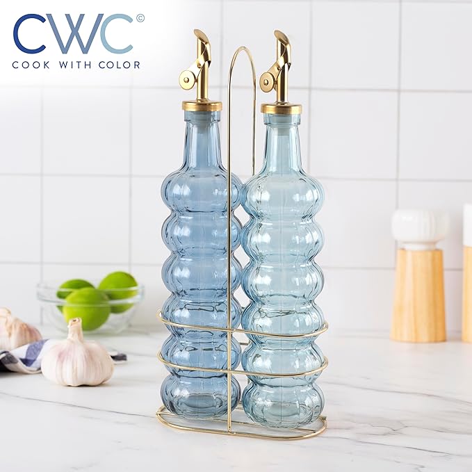 COOK WITH COLOR Glass Olive Oil Bottle Dispenser - 2 Pack- 17oz Oil and Vinegar Cruet - Olive Oil Carafe Decanter for Kitchen, Elegant Waves, Blue - Image 6