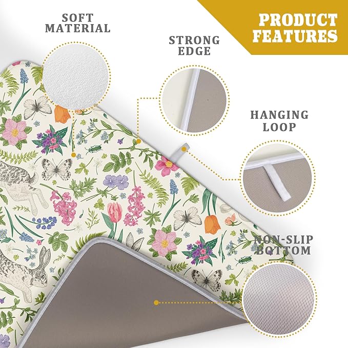 Spring Easter Dish Drying Mat for Kitchen Counter 18x24 Rabbit Bunny Green Pink Floral Vintage Print Absorbent Reversible Microfiber Drying Mats Kitchen Countertop Protector Dishes Drainer Rack Pad - Image 4