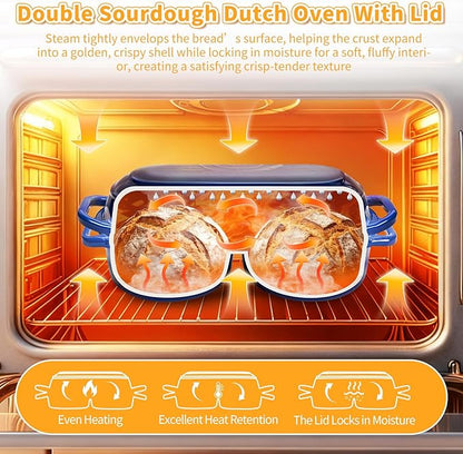 Mini Double Dutch Oven For Sourdough Bread Baking, 2.2QT Enameled Cast Iron Dutch Oven Pot With Lid, Non Stick Dual Round Bread Loaf Pan, 500°F Oven Safe, Sourdough Baking Pan For Homemade Baking