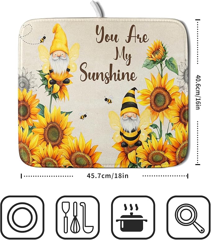 Giwawa Bee Gnomes Dish Drying Mat, Summer Sunflowers Elf Dish Drainer Mats for Kitchen Countertop, Vintage Sunshine Floral Absorbent Reversible Dish Drying Pad Decor, 16x18inches, Small