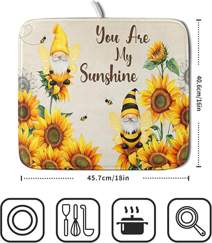 Giwawa Bee Gnomes Dish Drying Mat, Summer Sunflowers Elf Dish Drainer Mats for Kitchen Countertop, Vintage Sunshine Floral Absorbent Reversible Dish Drying Pad Decor, 16x18inches, Small