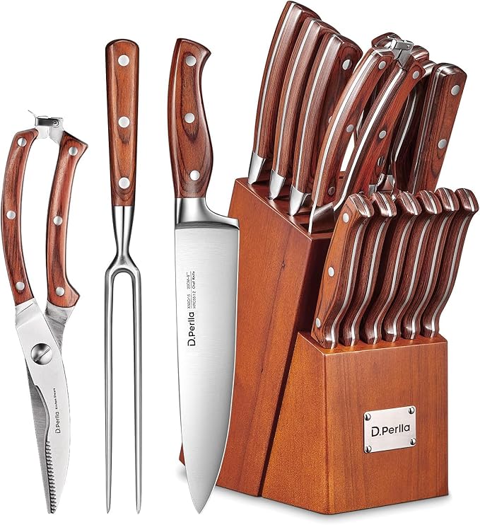 Kitchen Knife Set, 16 Pcs Stainless Steel Kitchen Knife Set with Sharpener & Wooden Block, Knife Block Set with Wood Handle, Chef, Santoku, Bread, Utility, Paring & Carving Fork Knife, Brown