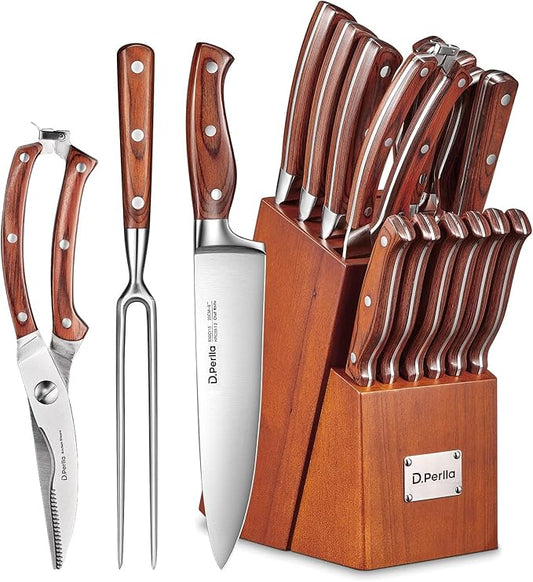 Kitchen Knife Set, 16 Pcs Stainless Steel Kitchen Knife Set with Sharpener & Wooden Block, Knife Block Set with Wood Handle, Chef, Santoku, Bread, Utility, Paring & Carving Fork Knife, Brown