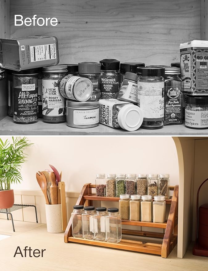 Tinamo Acacia Wood Spice Rack for Countertop - Wooden Tray Holds 24 Jars Spice Racks Organizer for Storage Shelf - 3 Tiered Spice Rack Organizer for Cabinet - Spice Shelf for Kitchen Pantry (Acacia) - Image 6