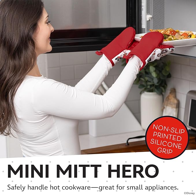 Disney Oven Mitts 2-Pack - 5.5” x 7.5” Heat-Resistant Mini Oven Mitts with Non-Slip Printed Silicone Disney Silhouettes - Pot Holders for Kitchen - Mickey & Minnie, Stitch, Winnie the Pooh