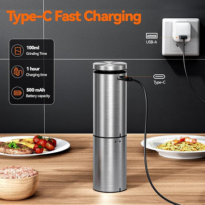 VOXON Update Electric Salt and Pepper Grinder Set Rechargeable Stainless Steel, LED Light, 100ML Capacity, 5 Levels Adjustable Coarseness, Automatic Salt and Pepper Grinder Set One Handed Operation