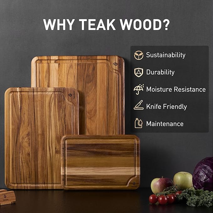 3 Pack Teak Wood Cutting Board Set for Kitchen Charcuterie Board Serving Heavy Duty Non Toxic Slip Over Sink Solid Thick Haus Wooden Chopping Board Large Big Small Meat Best Kitchen Essential Gift - Image 2