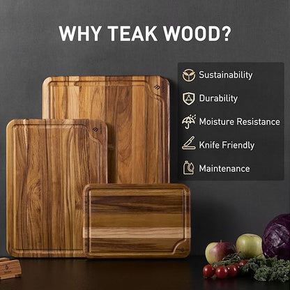 3 Pack Teak Wood Cutting Board Set for Kitchen Charcuterie Board Serving Heavy Duty Non Toxic Slip Over Sink Solid Thick Haus Wooden Chopping Board Large Big Small Meat Best Kitchen Essential Gift - Image 2