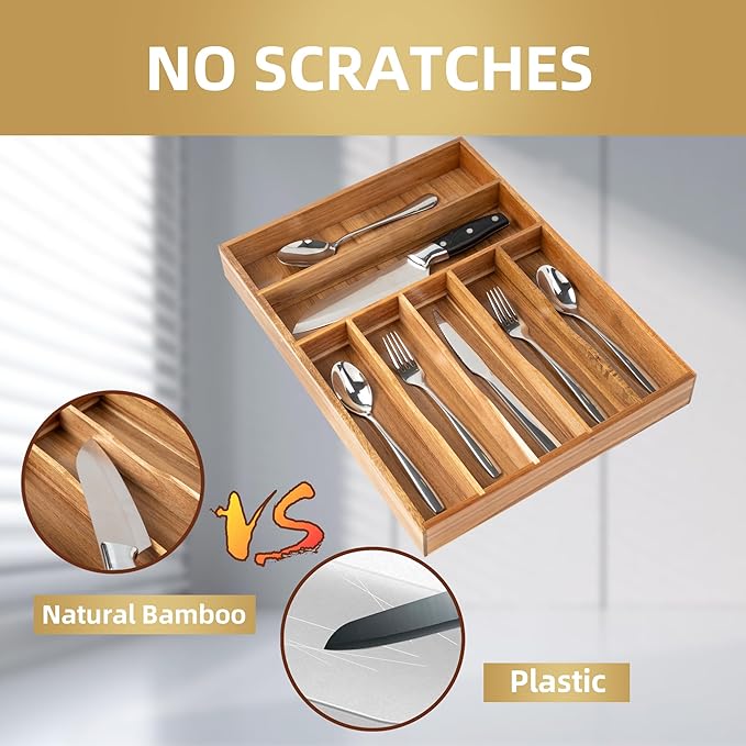 Besilord Silverware Organizer Kitchen Drawer Organizer Utensil Organizer Acacia Silverware Holder Cutlery Organizer in Drawer Flatware Organizer Tray(7 slots, Acacia - Image 4