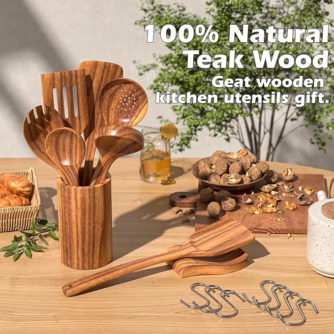 Natural Teak Kitchen Cooking Utensil Set with Holder, Wooden Spoons for Cooking, 10PCS Cooking Spatulas Set with Spoon Rest, Wooden Utensil Set for Nonstick Cookware Sturdy & Lightweight - Image 3