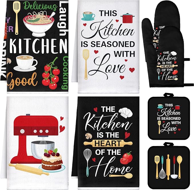 Leinuosen 8 Pcs Cuisine Kitchen Decor Accessories Set Farmhouse Towels Oven Mitts Pot Holders Dishcloths Set Kitchen Decorative Absorbent Gloves Potholders for Chef Baking Cooking by Leinuosen