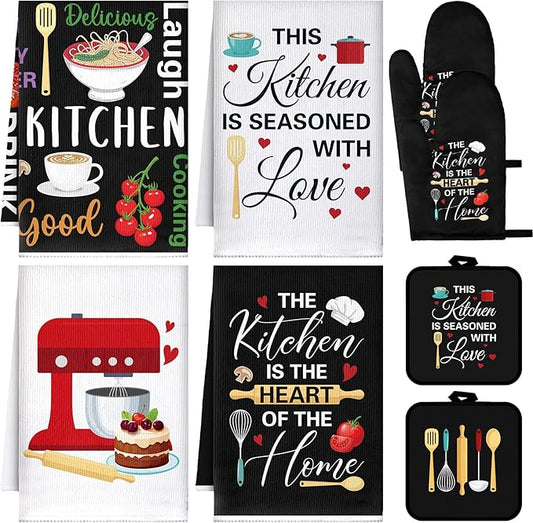 Leinuosen 8 Pcs Cuisine Kitchen Decor Accessories Set Farmhouse Towels Oven Mitts Pot Holders Dishcloths Set Kitchen Decorative Absorbent Gloves Potholders for Chef Baking Cooking by Leinuosen