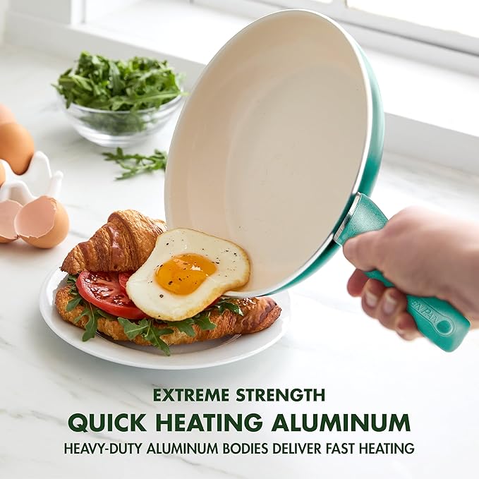 GreenPan Rio Healthy Ceramic Nonstick 8" Frying Pan Skillet and Silicone Spatula Set, Soft Grip Handle, Breaktfast Meal Set, PFAS-Free, Dishwasher Safe, Oven Safe, Turquoise - Image 5