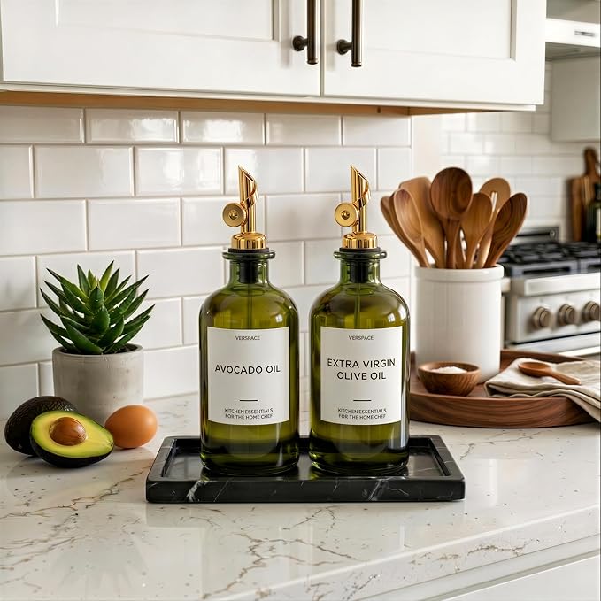 Verspace UV-Protected Green Glass Olive Oil Dispenser Bottles For Kitchen - 2 Pack - 12oz Includes 40 Kitchen Essential Labels, Avocado Oil Dispenser Set, Modern Decor for Home, Airbnb, Cafe Set of 2 - Image 2