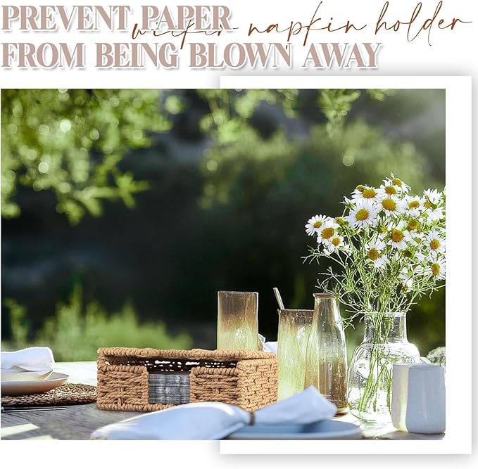 Threehoney Woven Paper Rope Napkin Holder with Lid for Outdoor Picnic Table, Flat Square Napkin Basket for Dinner Kitchen Camping Farmhouse, 7 x 7 Inch