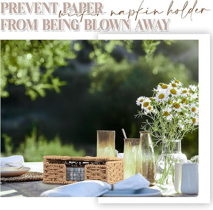 Threehoney Woven Paper Rope Napkin Holder with Lid for Outdoor Picnic Table, Flat Square Napkin Basket for Dinner Kitchen Camping Farmhouse, 7 x 7 Inch
