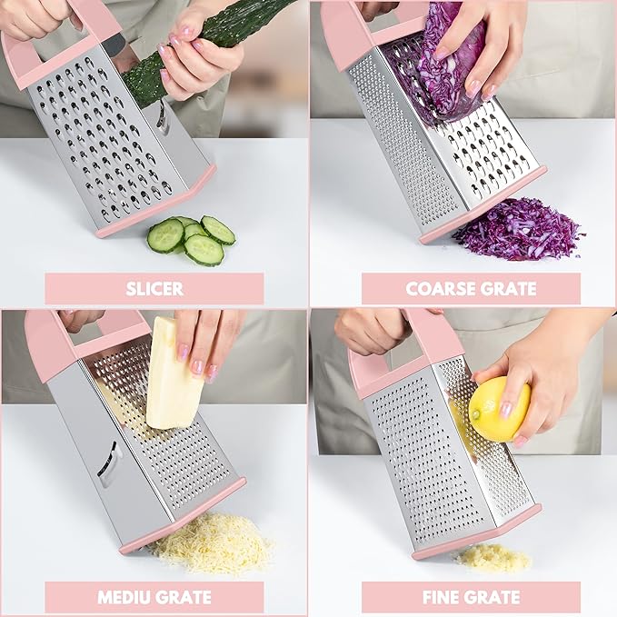 Urbanstrive Cheese Grater With Container, Professional Cheese Grater with Handle, Stainless Steel Graters for Kitchen Handheld, Box Grater with 4 Sides for Vegetables, Ginger, Potatoes (Pink) - Image 3