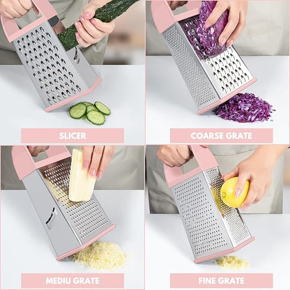 Urbanstrive Cheese Grater With Container, Professional Cheese Grater with Handle, Stainless Steel Graters for Kitchen Handheld, Box Grater with 4 Sides for Vegetables, Ginger, Potatoes (Pink) - Image 3