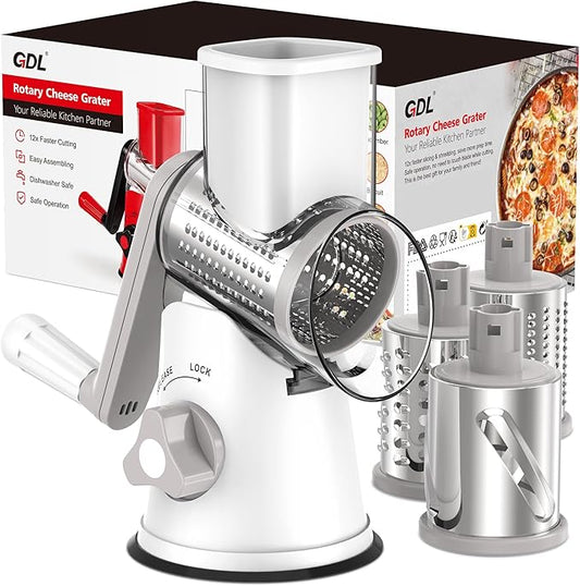 Cheese Grater Rotary, Rotary Grater for Kitchen, Kitchen Grater Vegetable Slicer with 3 Drum Blades, Fast Cutting Cheese Shredder for Vegetables and Nuts by GDL