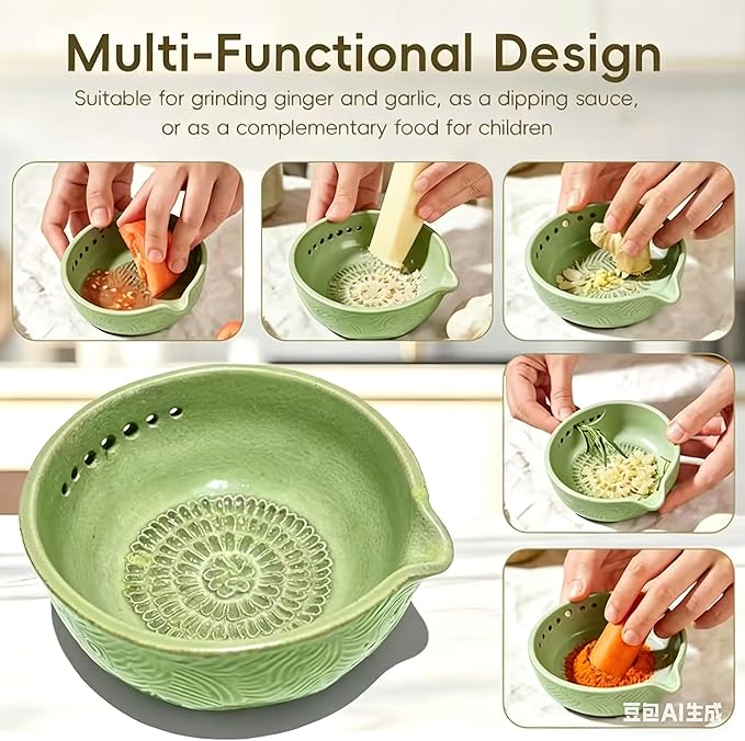 Garlic Grater Bowl 7-hole 2-in-1Kitchen Spanish Handheld Herb Stripper Ceramic Wasabi Cheese Spoon Ginger Spice Grinding Bowl Tool
