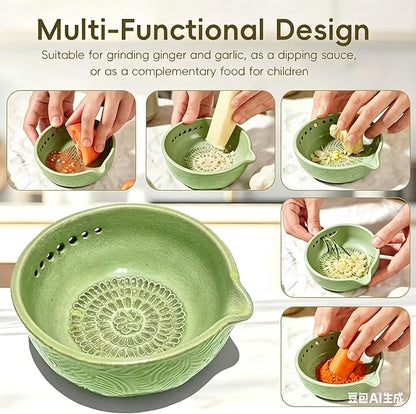 Garlic Grater Bowl 7-hole 2-in-1Kitchen Spanish Handheld Herb Stripper Ceramic Wasabi Cheese Spoon Ginger Spice Grinding Bowl Tool