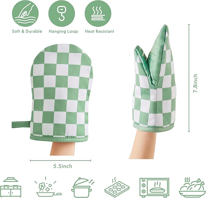 Ohocut Sage Green Checkered Mini Oven Mitts Heat Resistant, Vintage Retro Checkerboard Mini Silicone Oven Mitts Cute, Non-Slip Small Short Kitchen Oven Gloves Set of 2