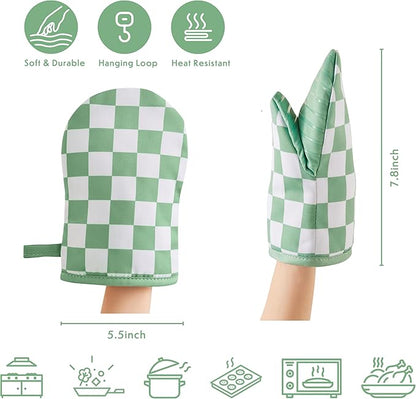 Ohocut Sage Green Checkered Mini Oven Mitts Heat Resistant, Vintage Retro Checkerboard Mini Silicone Oven Mitts Cute, Non-Slip Small Short Kitchen Oven Gloves Set of 2