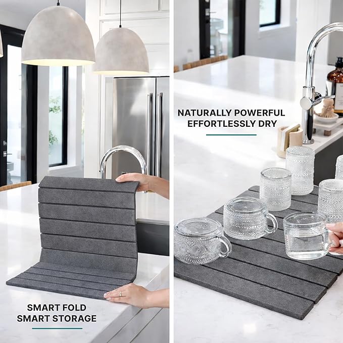 Stone Dish Drying Mat for Kitchen Counter, Easy to Clean Fast Absorbing Collapsible Quick Dry & 24” 16” (Smooth Dark Gray)