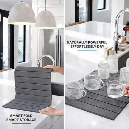Stone Dish Drying Mat for Kitchen Counter, Easy to Clean Fast Absorbing Collapsible Quick Dry & 24” 16” (Smooth Dark Gray)