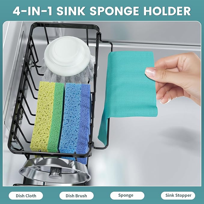 StorageRight 4-in-1 Sponge Holder for Kitchen Sink, Sink Caddy Organizers and Storage with Adhesive Hook & Suction Cups, Rustproof Kitchen Sink Organizer for Home Decor - Black - Image 3