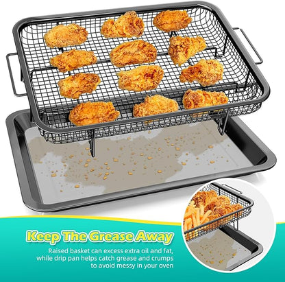Air Fryer Basket for Oven, OPENICE 15.3" x 11.0" Air Fryer Tray and Pan Set with 30PCS Parchment Papers, Stainless Steel Oven Air Fryer Basket and Tray for Baking Grilling - Black