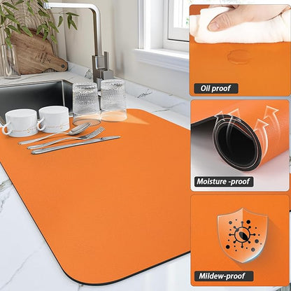 HotLive Dish Drying Mat for Kitchen Counter, Heat Resistant Drainer Mats with Non-slip Rubber Backed, Hide Stain Kitchen Super Absorbent Draining Mat, Easy to Clean Dish Rack Pad, Orange 18"x32" - Image 3