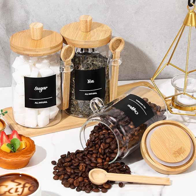 Suclain 3 Pcs Glass Coffee Container with Wooden Lid Spoon Shelf Labels Clear Airtight Jar Food Storage Canister Set for Sugar Spice Coffee Bean Holder Housewarming Gift(25 oz,Natural Bamboo) - Image 5