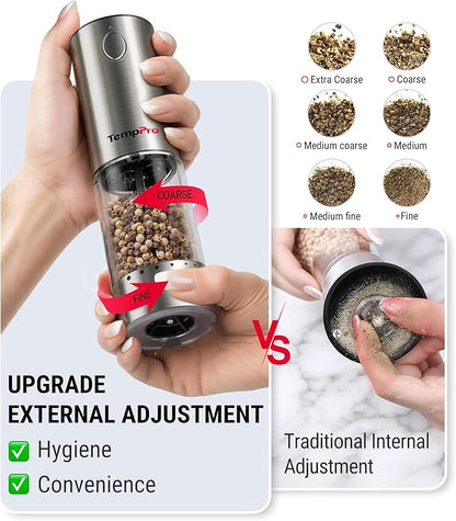 TempPro 100ml Electric Salt and Pepper Grinder Set Rechargeable, Automatic Pepper Grinder Shakers with External Adjustment, Refillable Pepper Mill Set with Cover & LED, 2-Pack(Previously ThermoPro) - Image 4