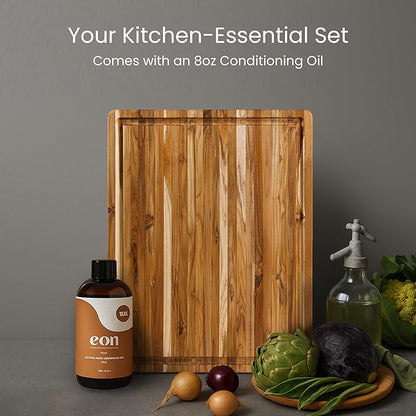 Teakhaus Cutting Board and EON Cutting Board Oil Set - Large (L) Teak Wood Chopping Board & Food-Grade Mineral Oil - 20”L x 15”W x 1.5” Thick - FSC Certified