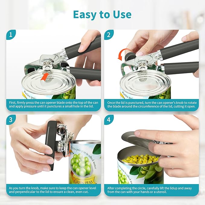 Ultrean Manual Can Opener Bottle Opener, Heavy Duty Stainless Steel Smooth Edge Manual Hand Held Can Opener With Soft Touch Handle, Rust Proof Oversized Handheld Easy Turn Knob (Gray) - Image 4