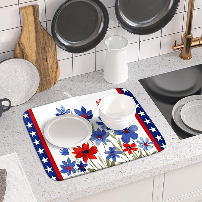 Giwawa 4th of July Flower Dish Drying Mat 16"x18" Independence Day Stars Dish Drainer Mats Watercolor Patriotic Floral Microfiber Dish Drying Rack Pad for Kitchen Countertop Decor