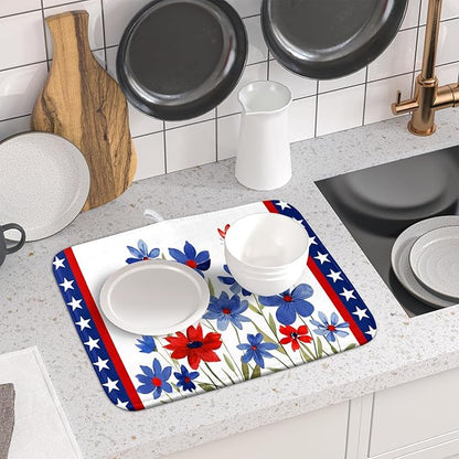 Giwawa 4th of July Flower Dish Drying Mat 16"x18" Independence Day Stars Dish Drainer Mats Watercolor Patriotic Floral Microfiber Dish Drying Rack Pad for Kitchen Countertop Decor