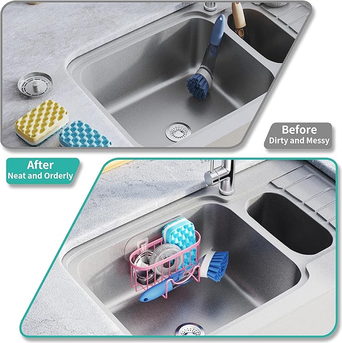 HapiRm Sponge Holder for Kitchen Sink - Sink Caddy with Unique M-Shaped, 2 Installation Methods Kitchen Organizer, Rustproof Stainless Steel Sponge Caddy - Pink - Image 7