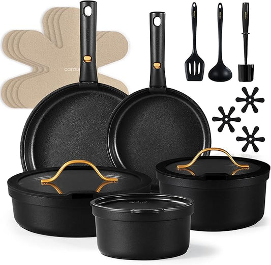 CAROTE 20pcs Pots and Pans Set Non Stick, Nonstick Cookware Set, Dishwasher/Oven/Fridge Safe Pots and Pans, Removable Handle RV Oven Safe Cookware, Induction Kitchen Set, Black by CAROTE