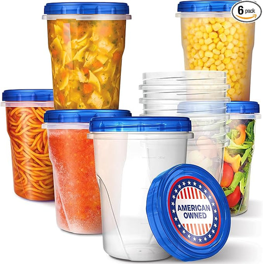 Stock Your Home 32oz Plastic Containers with Twist Top Lids (6 Pack), Quart Freezer Containers with Lids for Leftover Food, Airtight Reusable Soup Containers, Microwave and Dishwasher Safe by StockYourHome