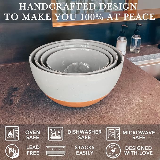 Mora Ceramic Large Mixing Bowls - Set of 2 Nesting Bowls for Cooking, Serving, Popcorn, Salad etc - Microwavable Kitchen Stoneware, Oven, Microwave and Dishwasher Safe - Extra Big 5.5 & 3.6 Qt - Grey - Image 3