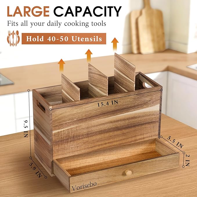 Acacia Wood Kitchen Utensil Holder for Countertop, Large Wooden Utensils Holder with 4 Compartment, Farmhouse Utensil Caddy with Drawer for Storage Cooking and Silverware