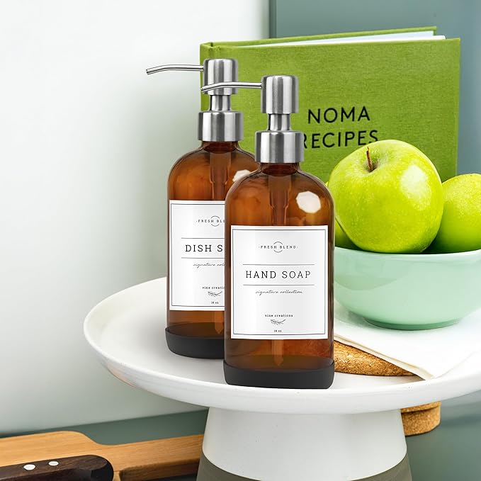 Vine Creations Amber Glass Soap Dispenser, 2 Pack Kitchen Soap Dispenser Set with Stainless Steel Pump, 16 oz Hand Soap or Dish Soap for Bathroom or Kitchen with Waterproof Labels - Image 8