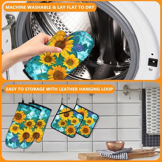 Sunflower Oven Mitts and Pot Holders Sets 4Pcs,Extra Long Oven Gloves Potholder for Kitchen Cooking Baking BBQ 100% Cotton Heat Resistant - Image 5