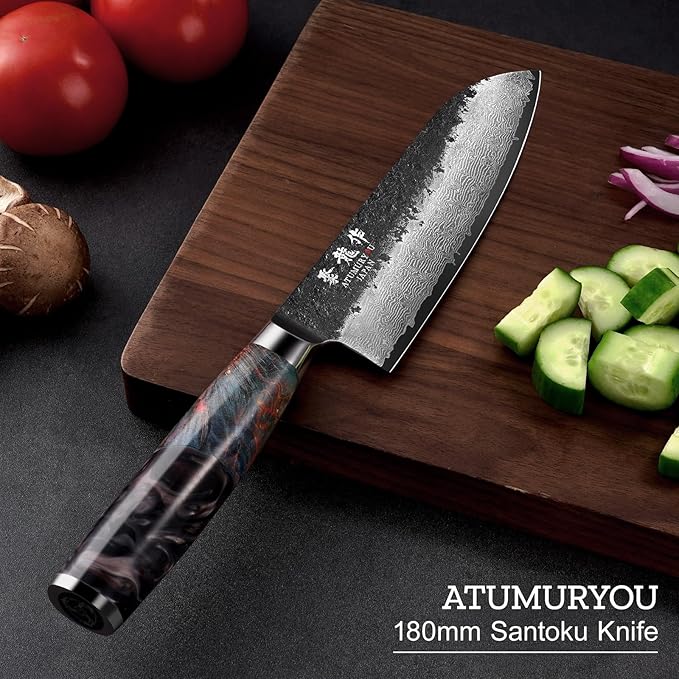 Japanese Santoku Knife 7 Inch, Hand Forged 67 Layers Damascus VG10 Steel Core Chef Knife for Home ＆ Professional Chefs, Kitchen Knives with Leather Sheath and Luxury Gift Box, Ideal Cooking Gift