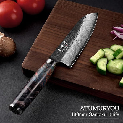 Japanese Santoku Knife 7 Inch, Hand Forged 67 Layers Damascus VG10 Steel Core Chef Knife for Home ＆ Professional Chefs, Kitchen Knives with Leather Sheath and Luxury Gift Box, Ideal Cooking Gift